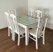 Bộ bàn ăn gỗ sồi Nga 6 ghế sơn trắng